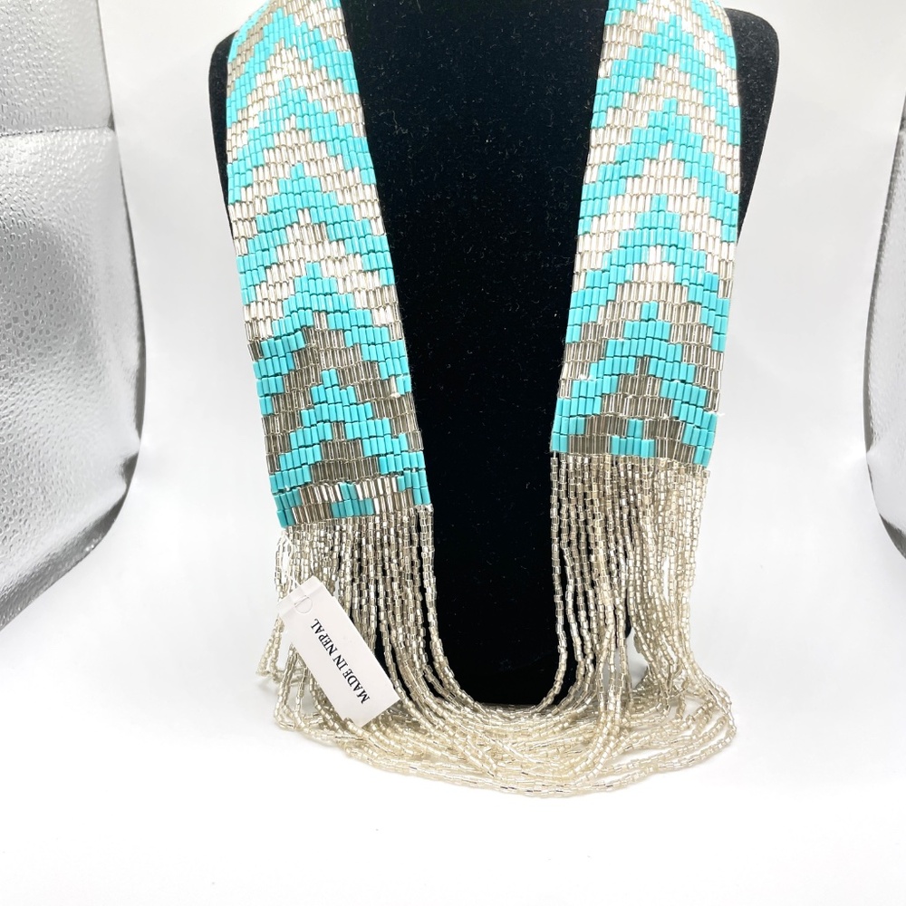Nepal Turquoise Silver Glass Hand Beaded Boho Chic Tribal Necklace NWT